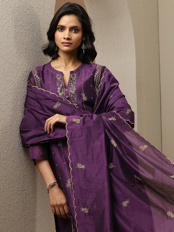Burgundy Embroidered Silk Blend Straight Suit Set With Dupatta