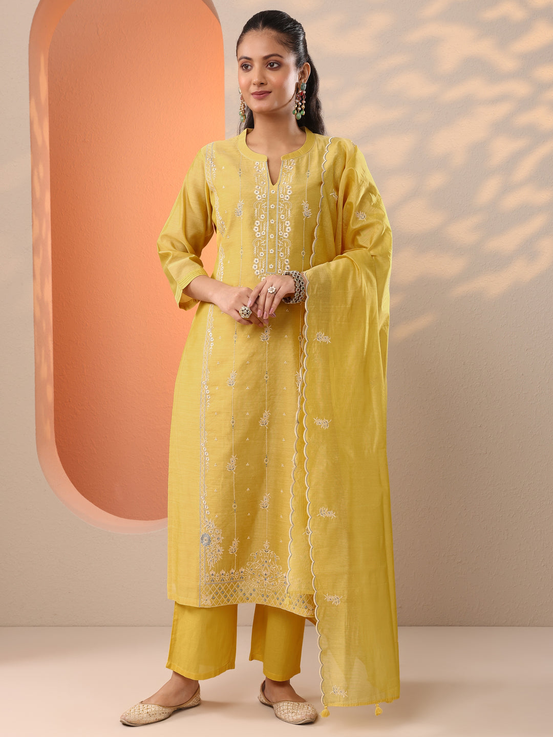  Yellow Embroidered Silk Blend Straight Suit Set With Dupatta 