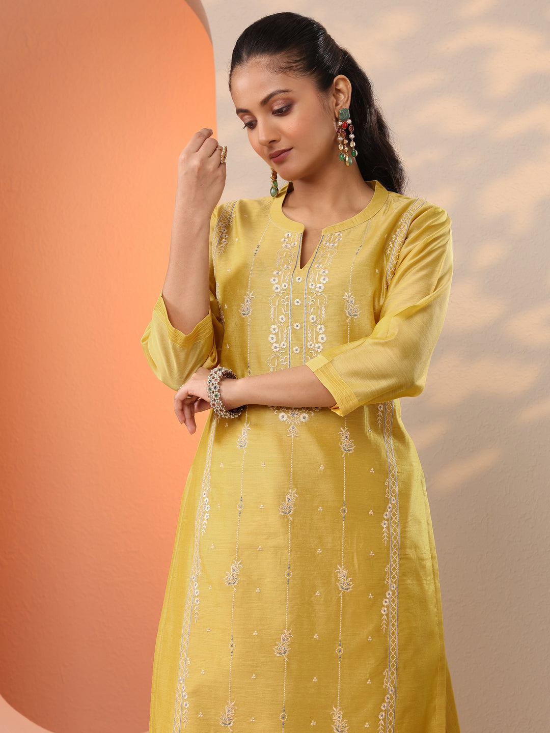  Yellow Embroidered Silk Blend Straight Suit Set With Dupatta 