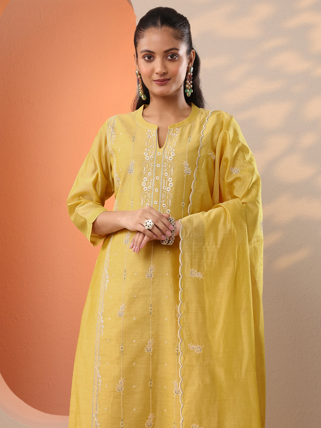  Yellow Embroidered Silk Blend Straight Suit Set With Dupatta 