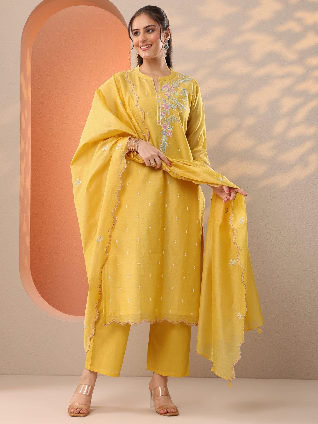  Yellow Embroidered Silk Blend Straight Suit Set With Dupatta 