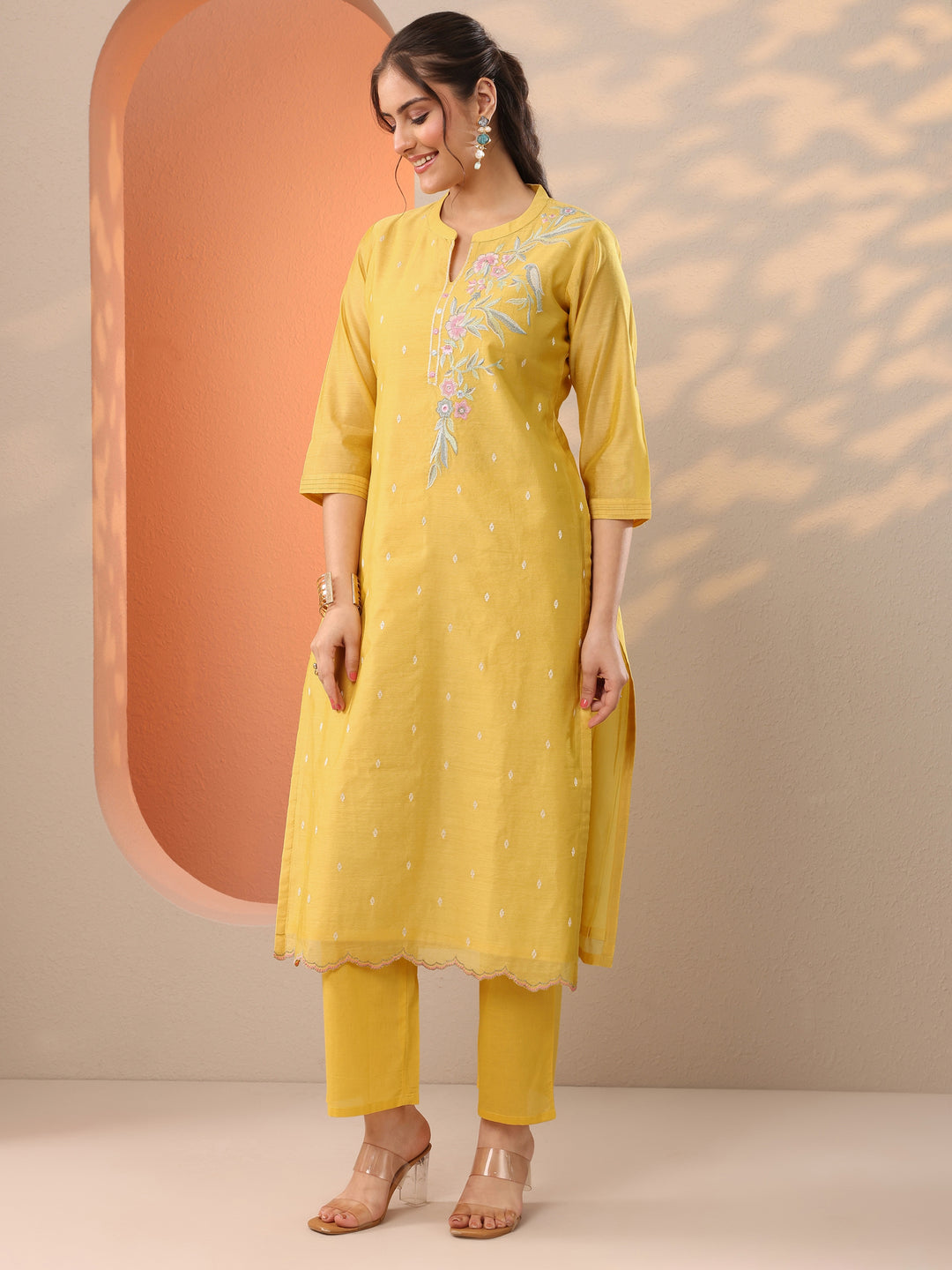  Yellow Embroidered Silk Blend Straight Suit Set With Dupatta 