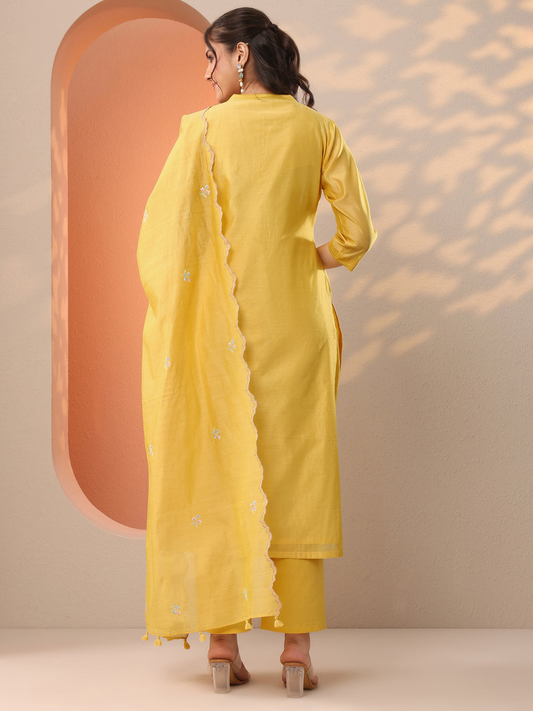  Yellow Embroidered Silk Blend Straight Suit Set With Dupatta 