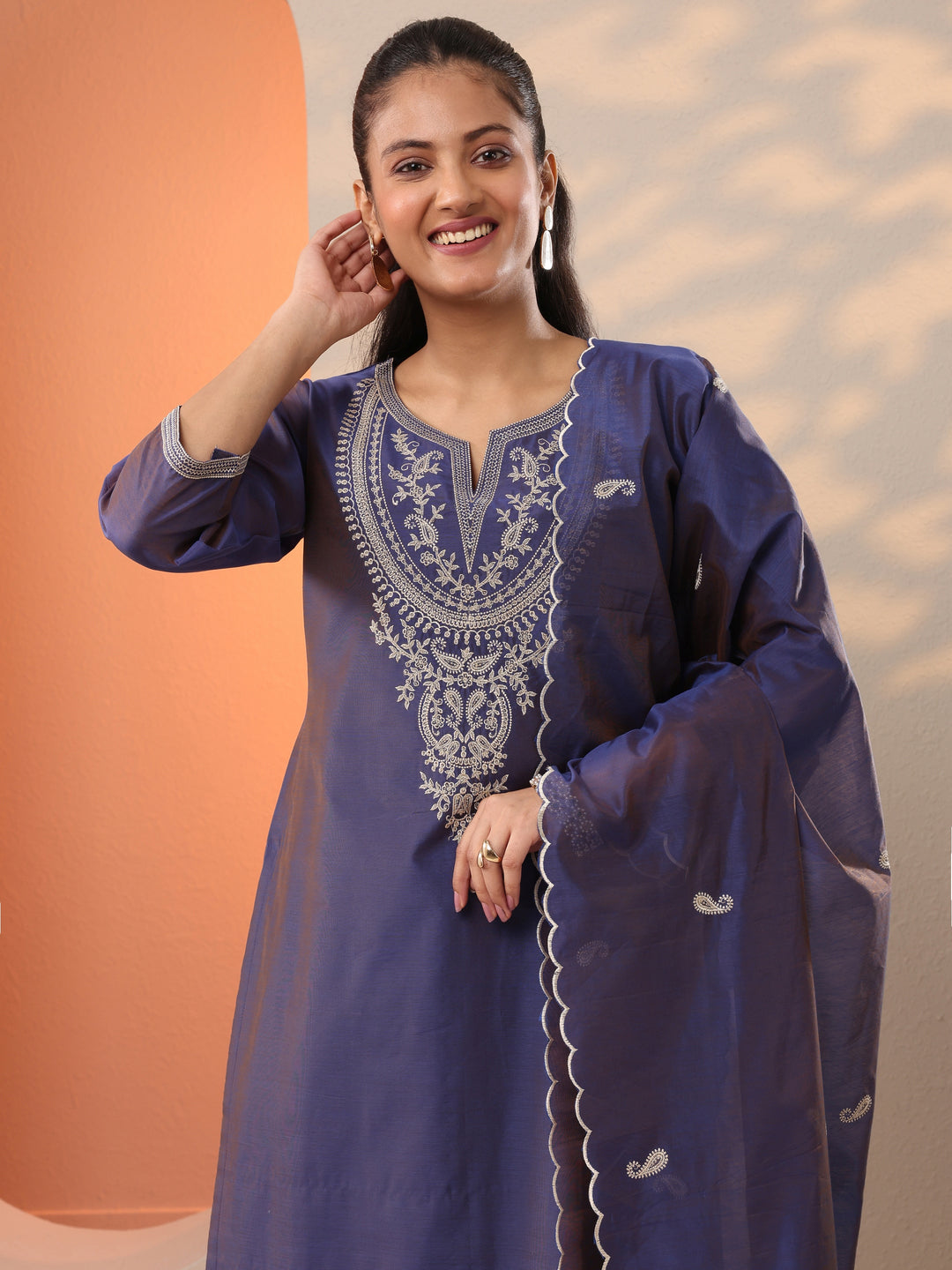  Purple Embroidered Silk Blend Straight Suit Set With Dupatta 