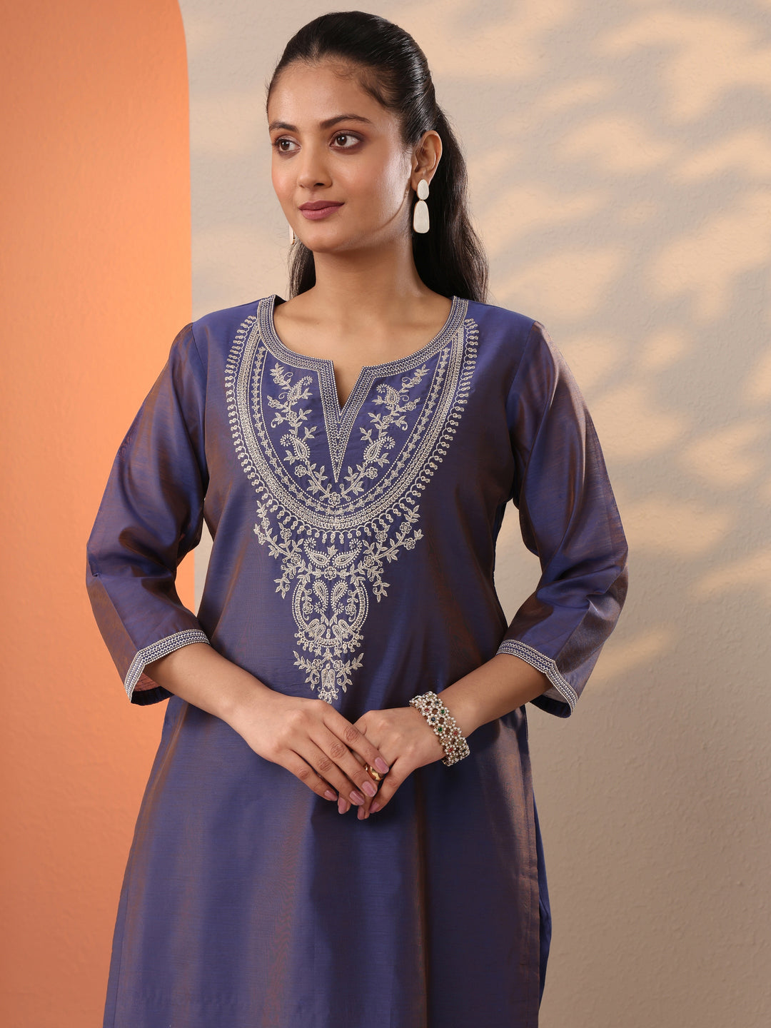  Purple Embroidered Silk Blend Straight Suit Set With Dupatta 