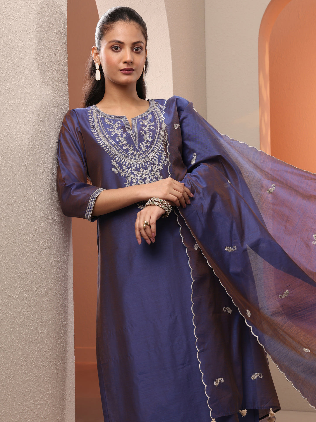  Purple Embroidered Silk Blend Straight Suit Set With Dupatta 