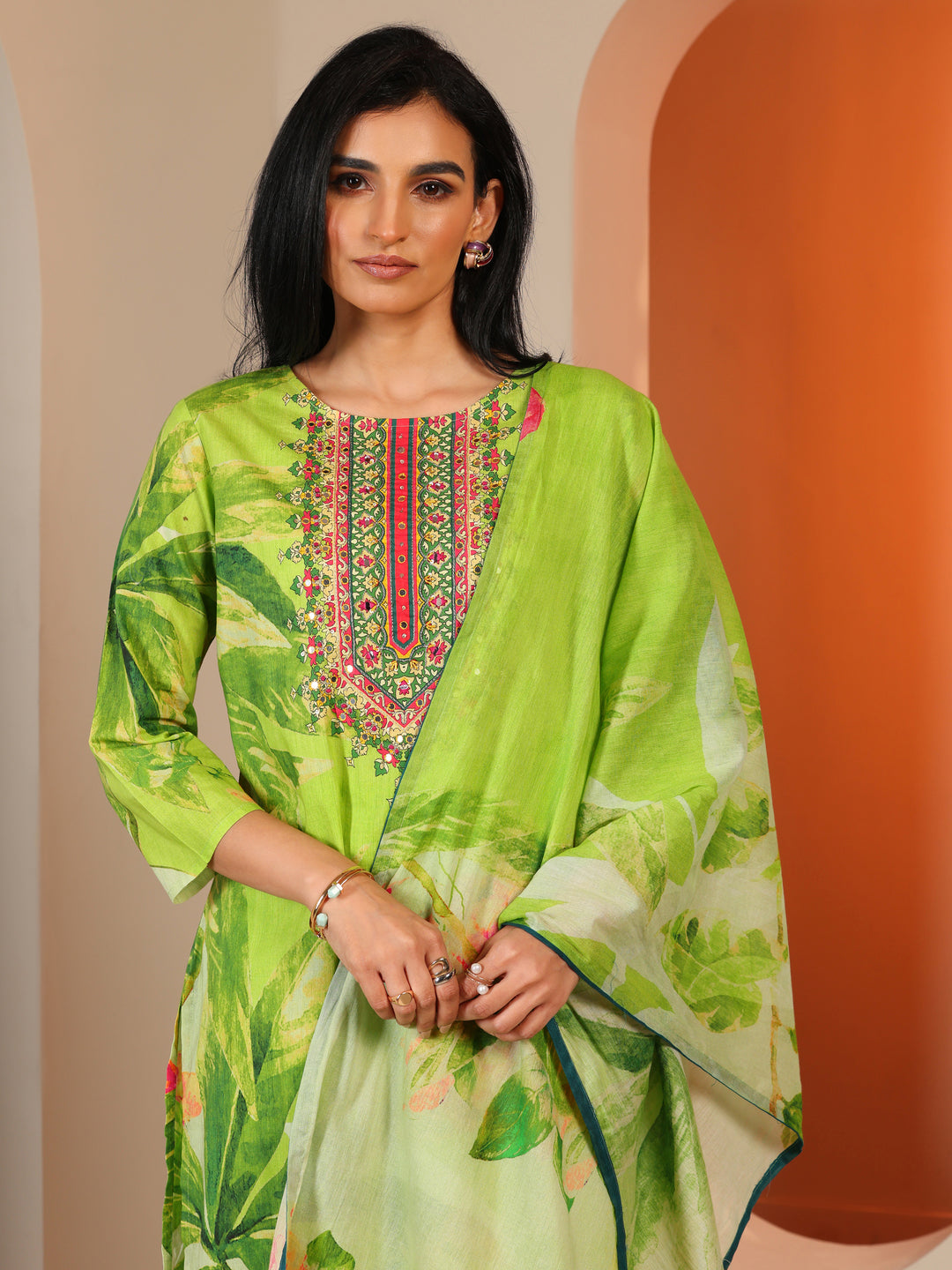  Green Printed Cotton Straight Suit Set With Dupatta 