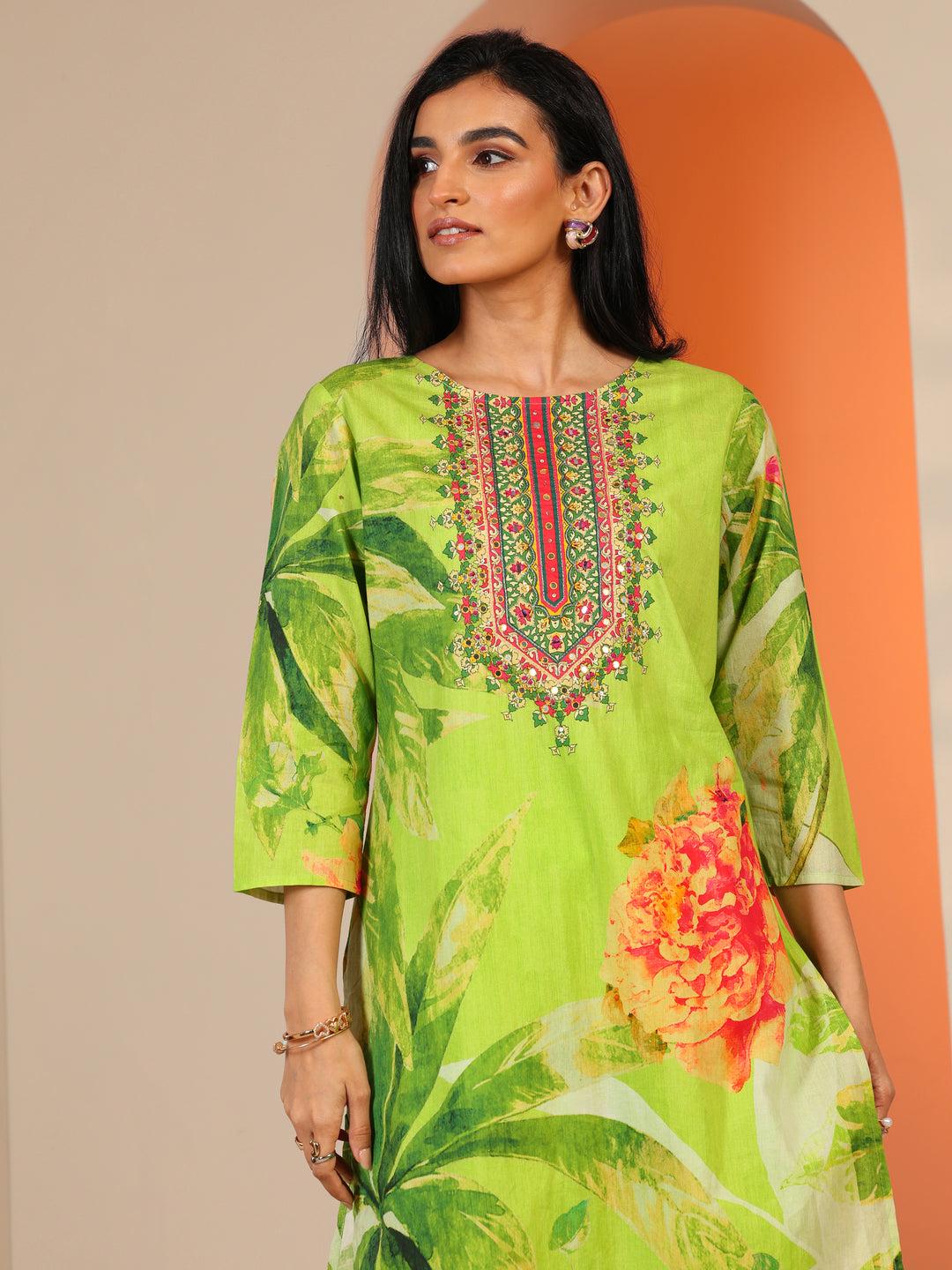  Green Printed Cotton Straight Suit Set With Dupatta 