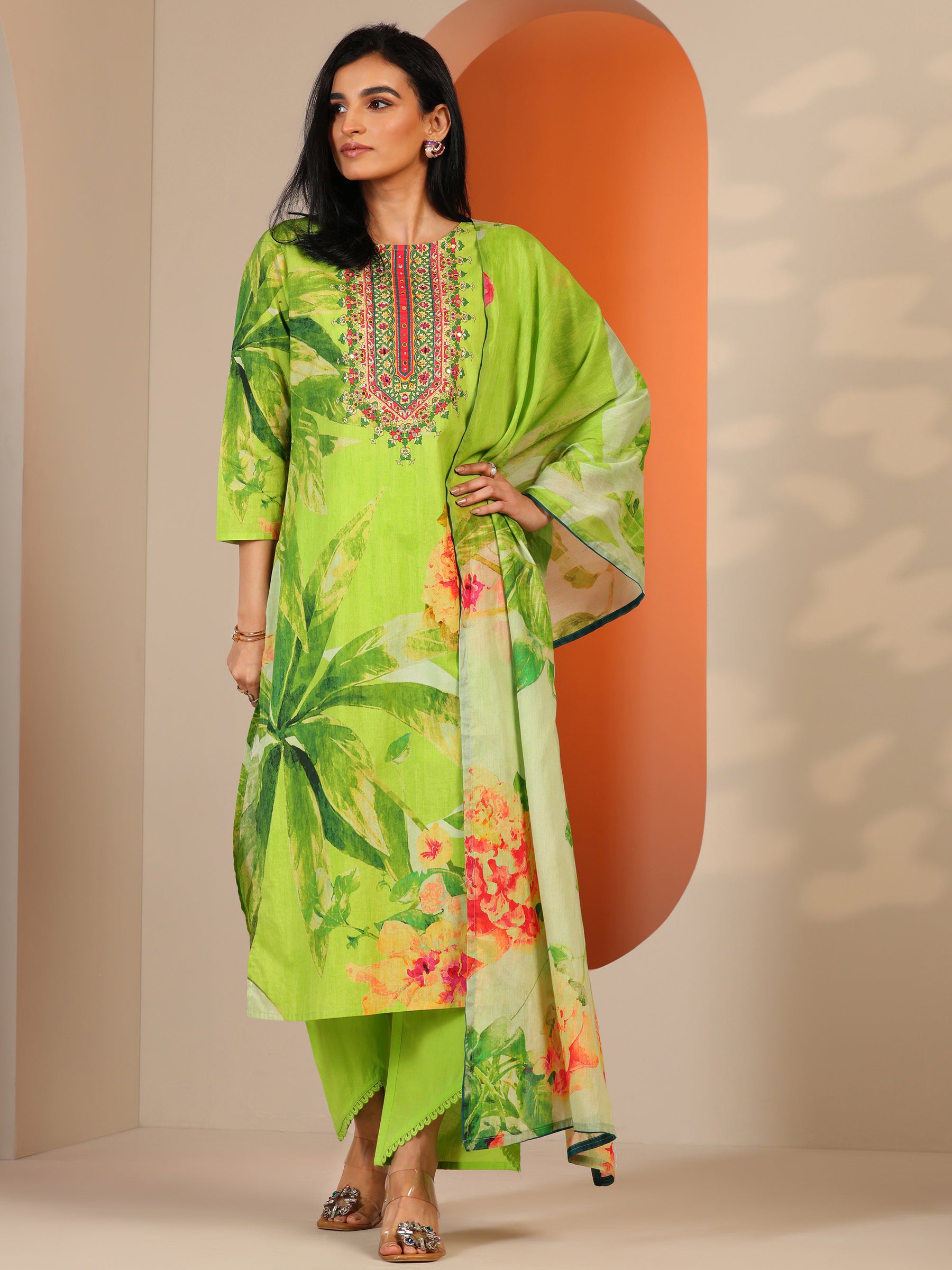 Green Printed Cotton Straight Suit Set With Dupatta