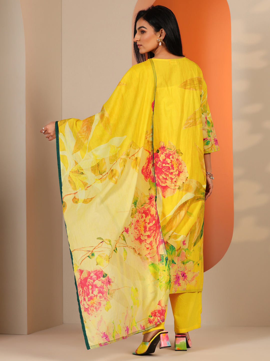  Yellow Printed Cotton Straight Suit Set With Dupatta 