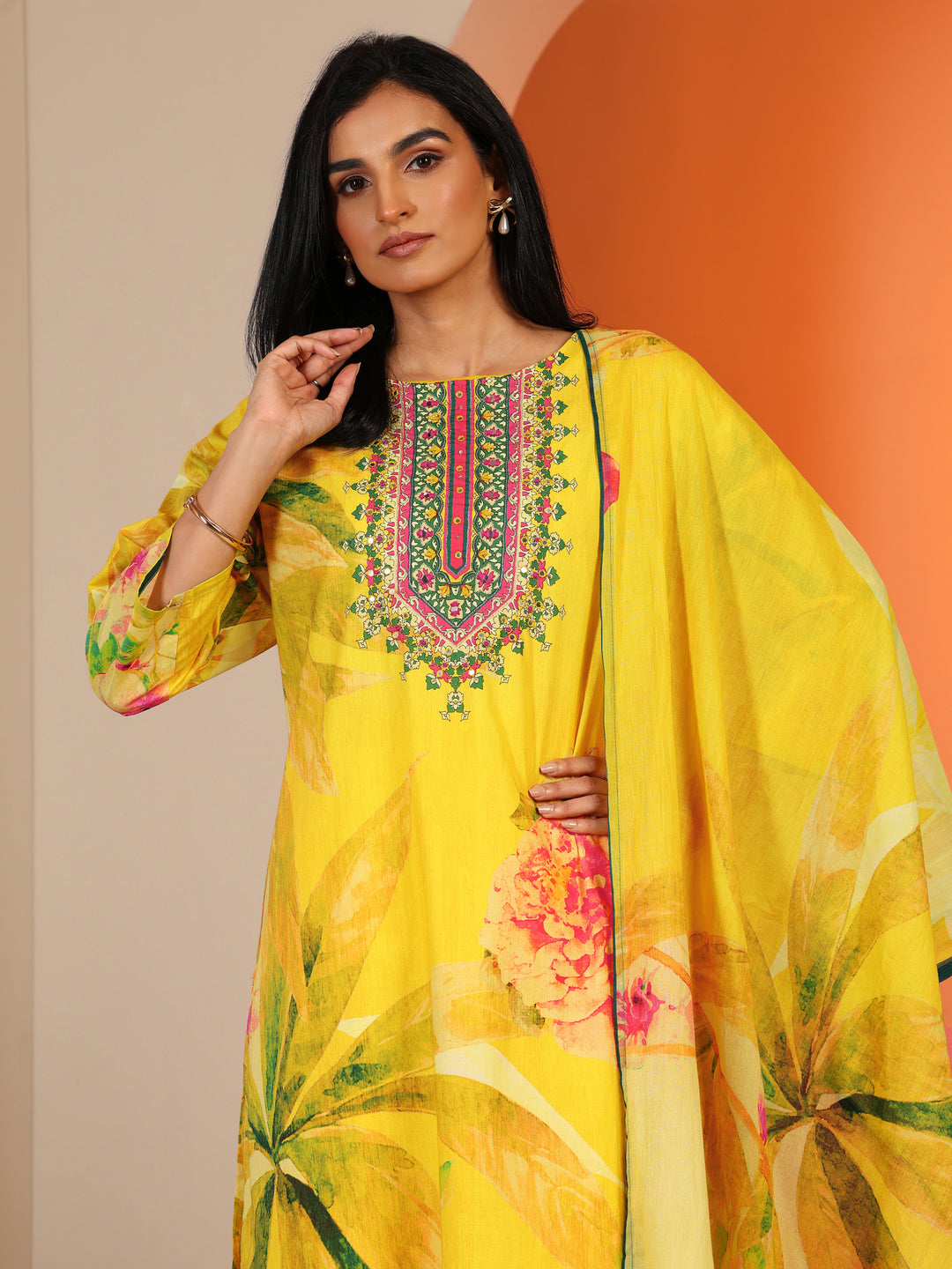  Yellow Printed Cotton Straight Suit Set With Dupatta 