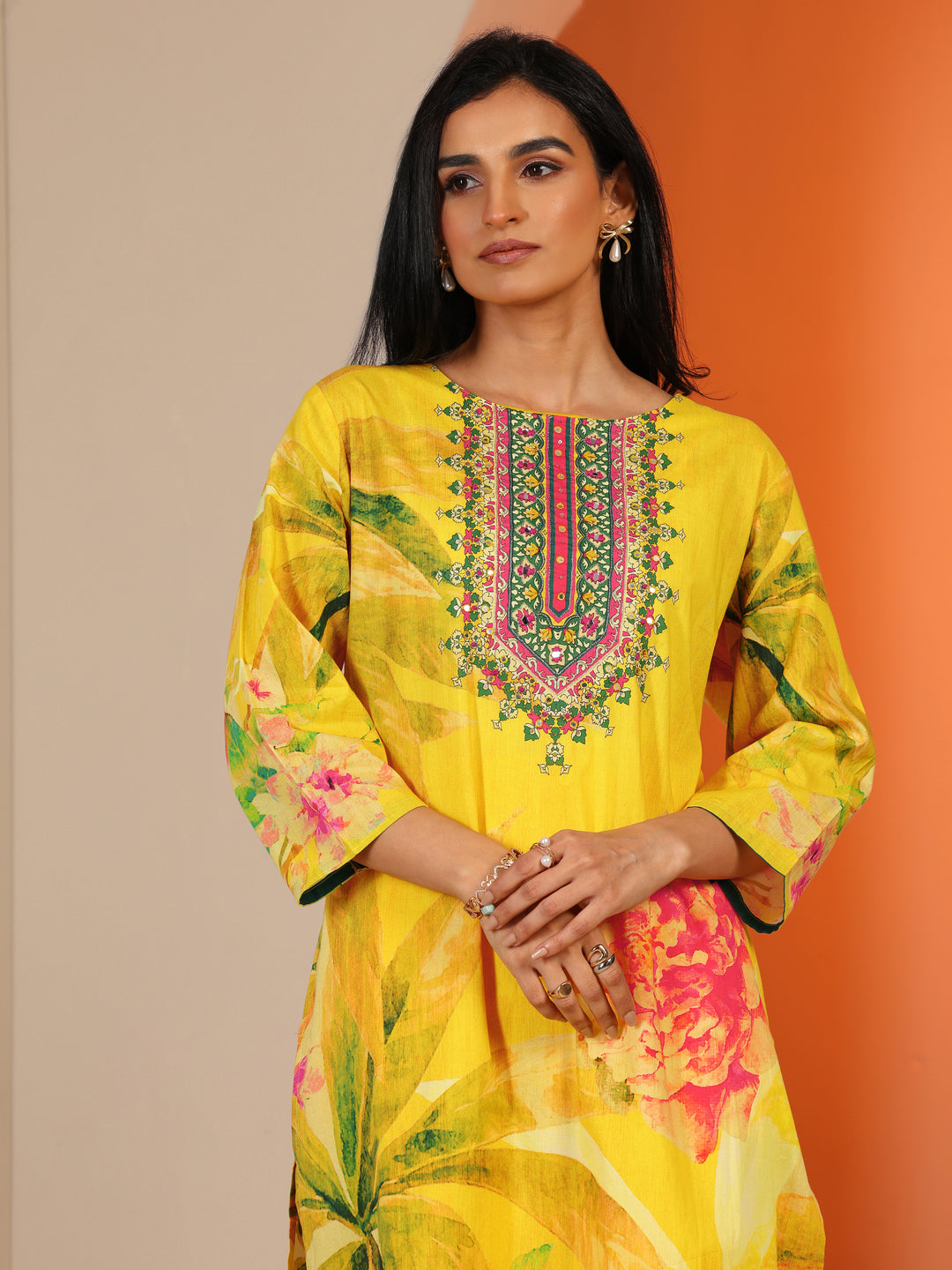  Yellow Printed Cotton Straight Suit Set With Dupatta 