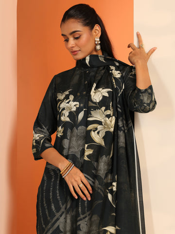 Black Printed Muslin Straight Suit Set With Dupatta