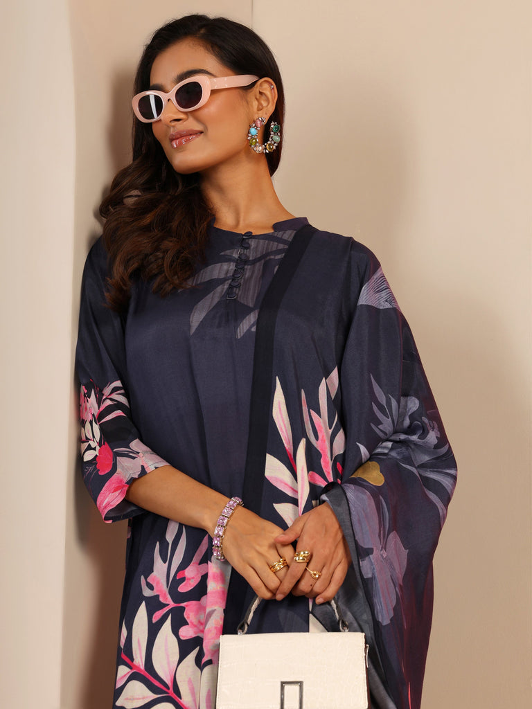 Libas Navy Blue Printed Silk Blend Straight Suit Set With Dupatta