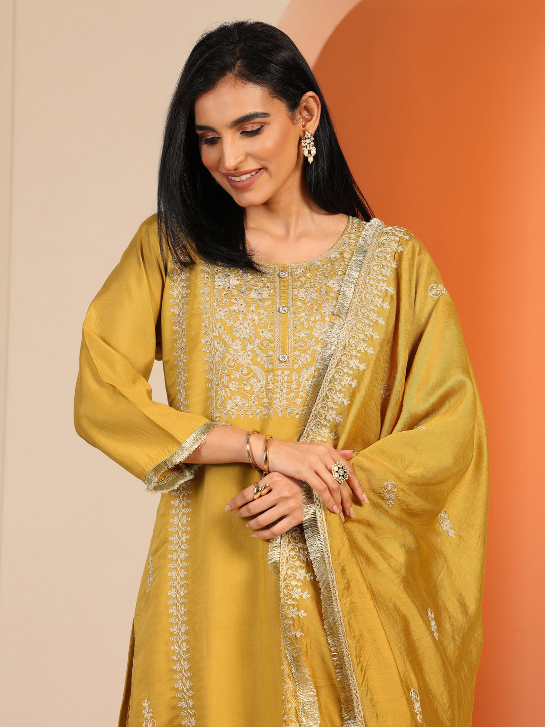  Mustard Embroidered Silk Blend Straight Suit Set With Dupatta 