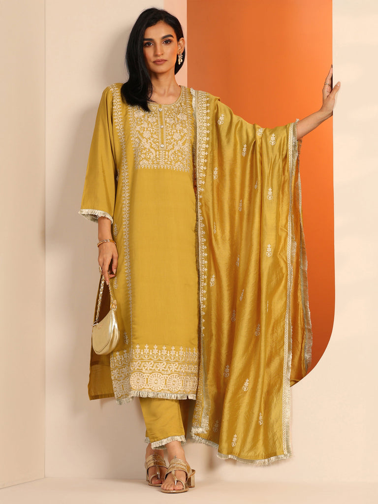 Libas Mustard Embroidered Silk Blend Straight Suit Set With Dupatta