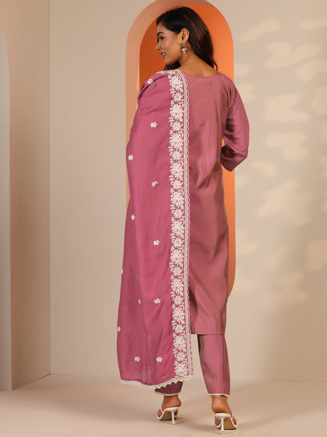  Pink Embroidered Silk Blend Straight Suit Set With Dupatta 