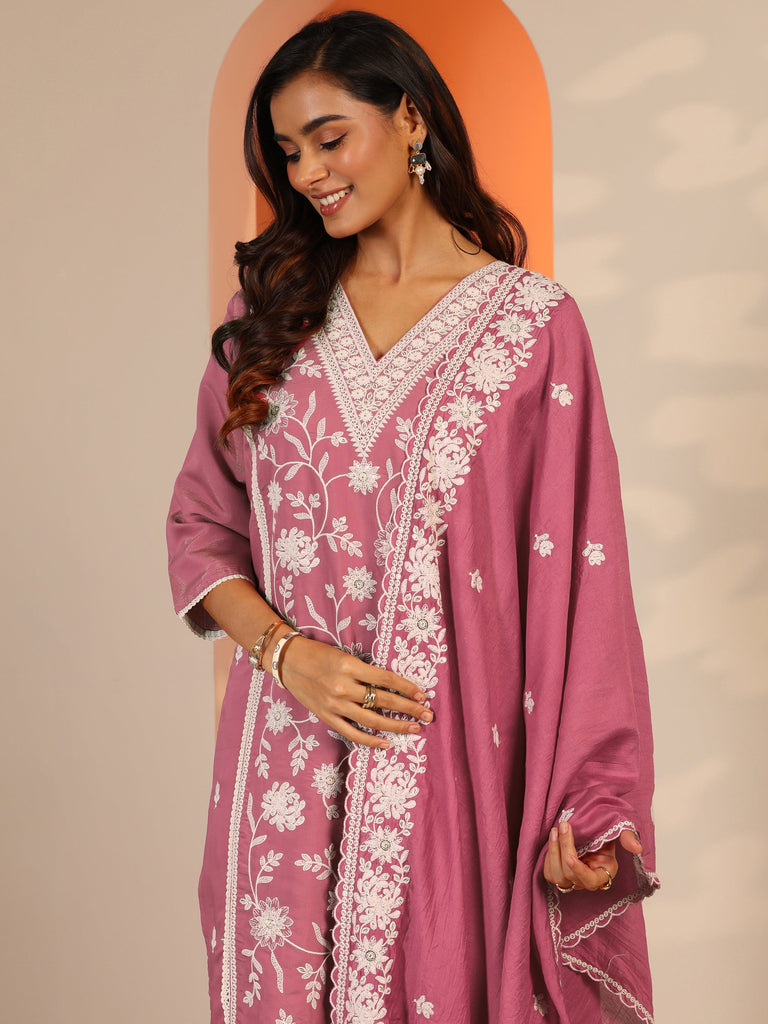Libas Pink Embroidered Silk Blend Straight Suit Set With Dupatta
