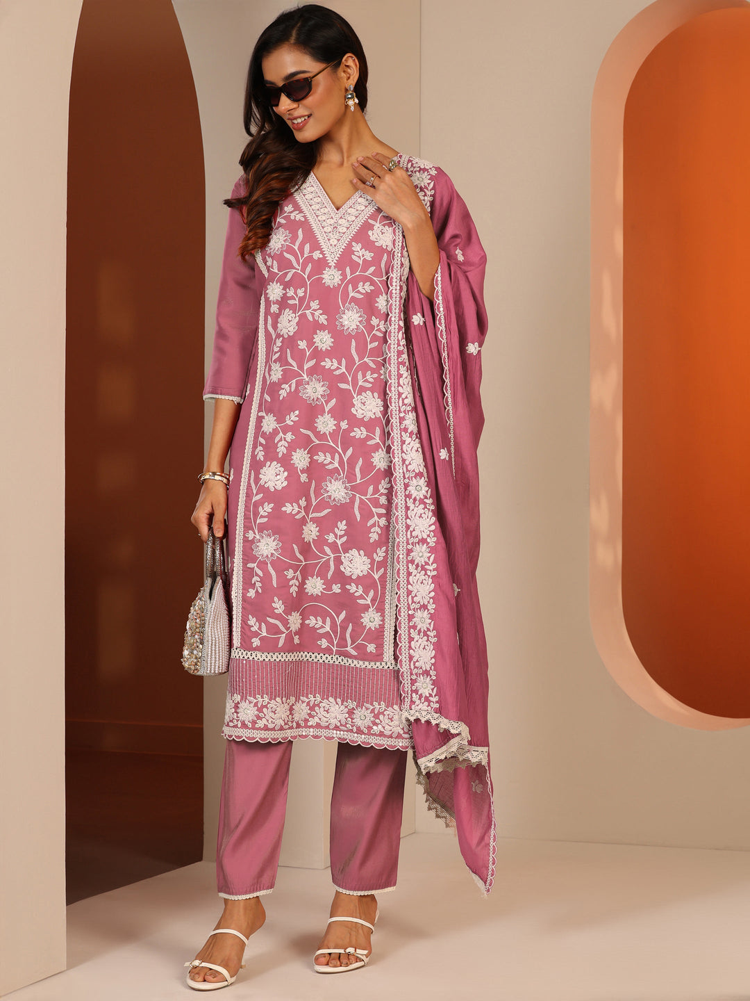  Pink Embroidered Silk Blend Straight Suit Set With Dupatta 