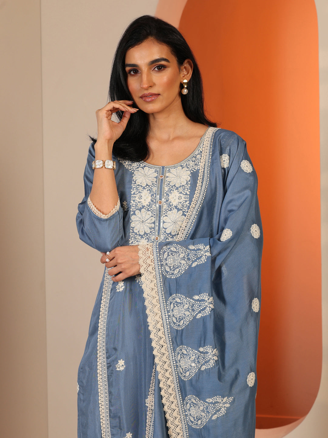  Blue Embroidered Silk Blend Straight Suit Set With Dupatta 