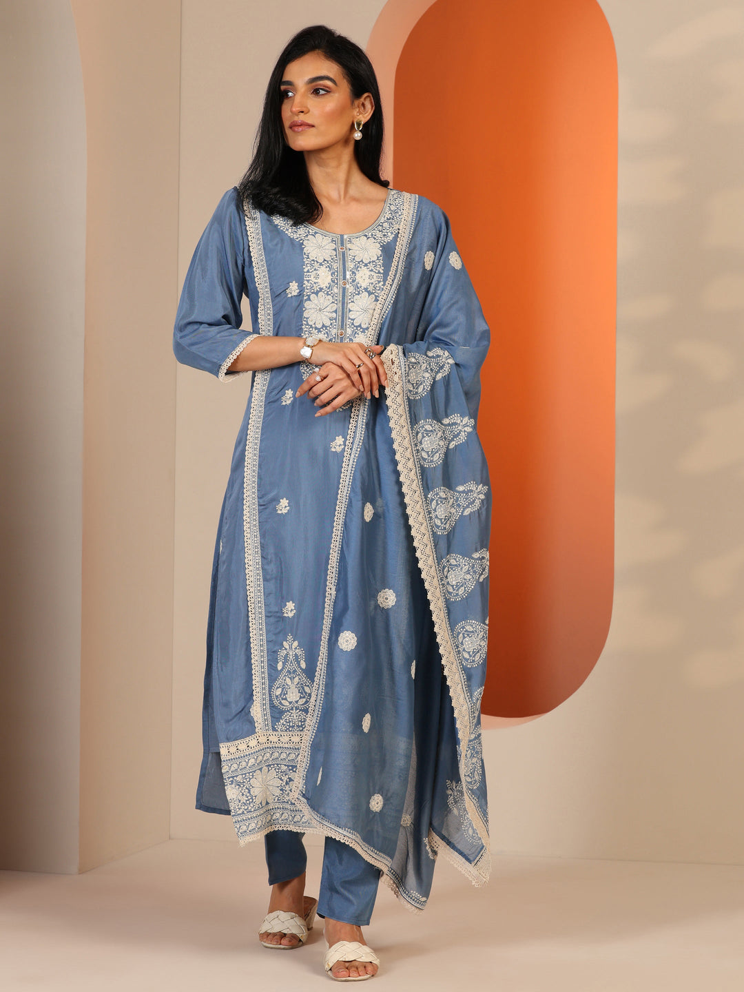  Blue Embroidered Silk Blend Straight Suit Set With Dupatta 
