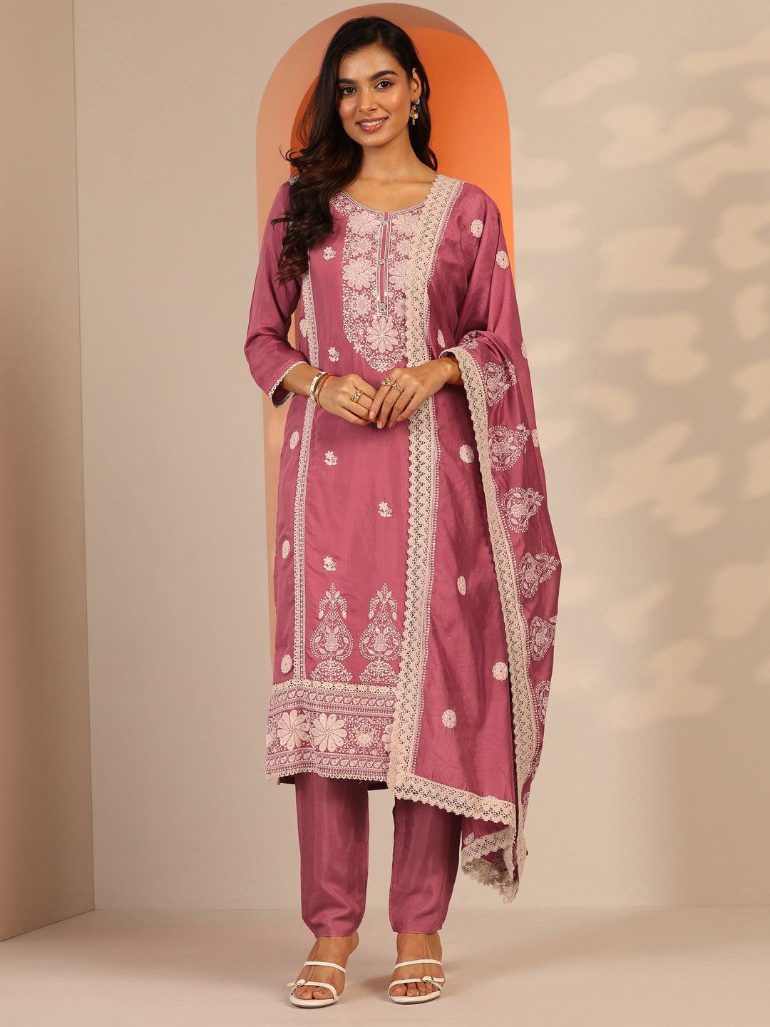  Pink Embroidered Silk Blend Straight Suit Set With Dupatta 