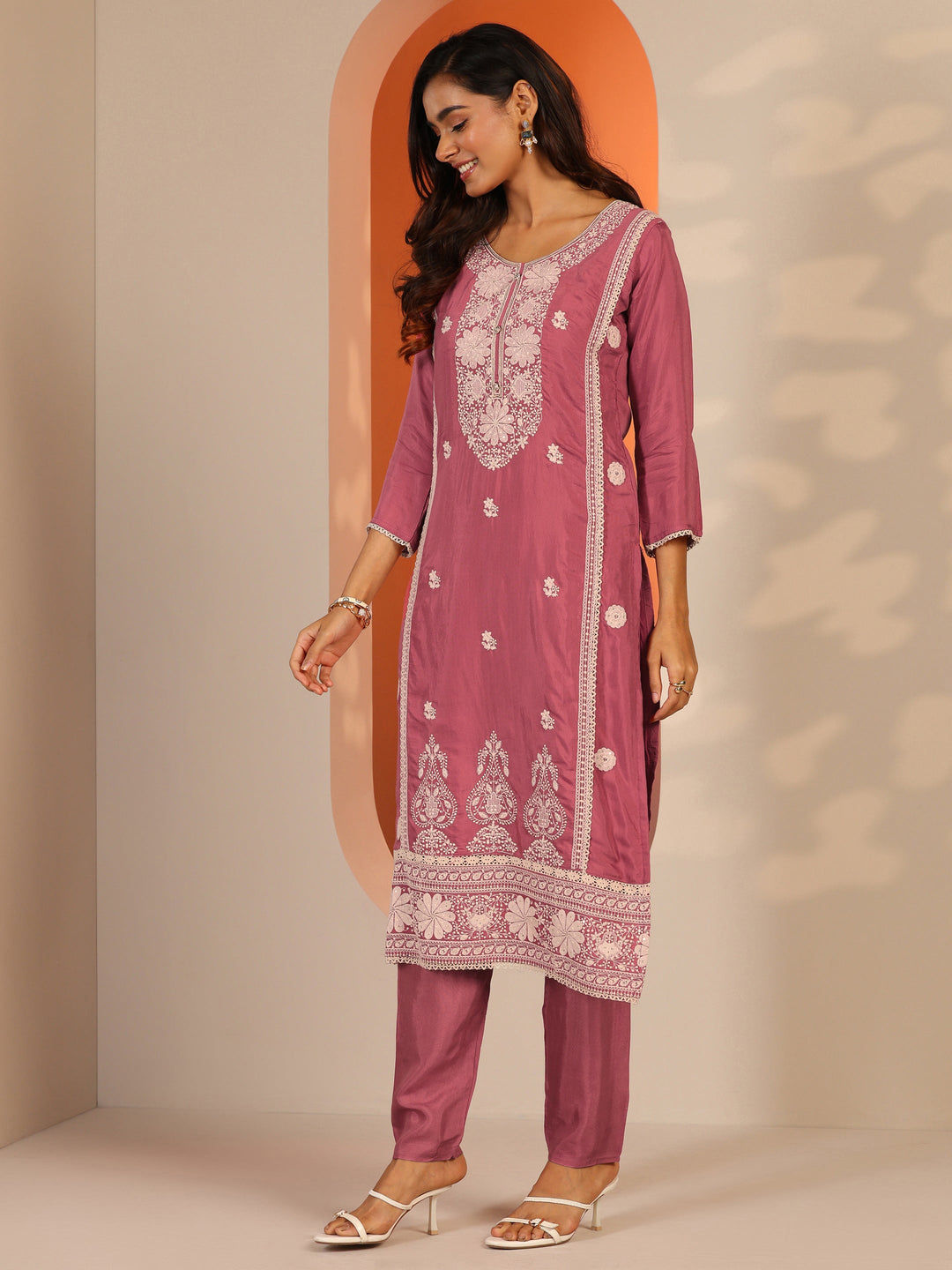  Pink Embroidered Silk Blend Straight Suit Set With Dupatta 