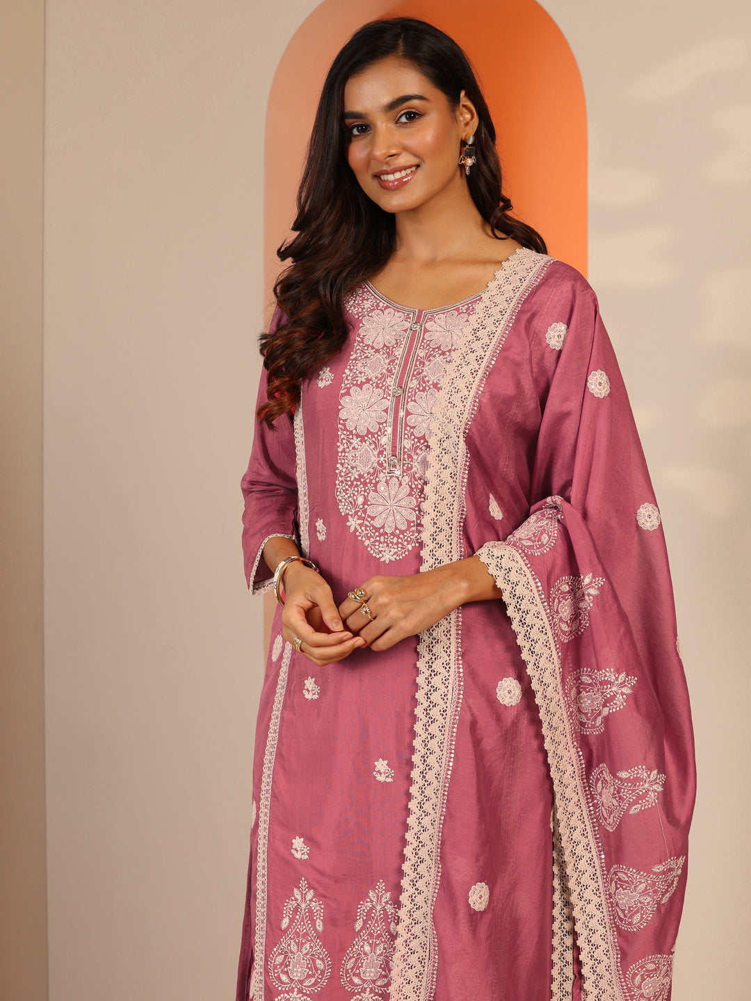  Pink Embroidered Silk Blend Straight Suit Set With Dupatta 