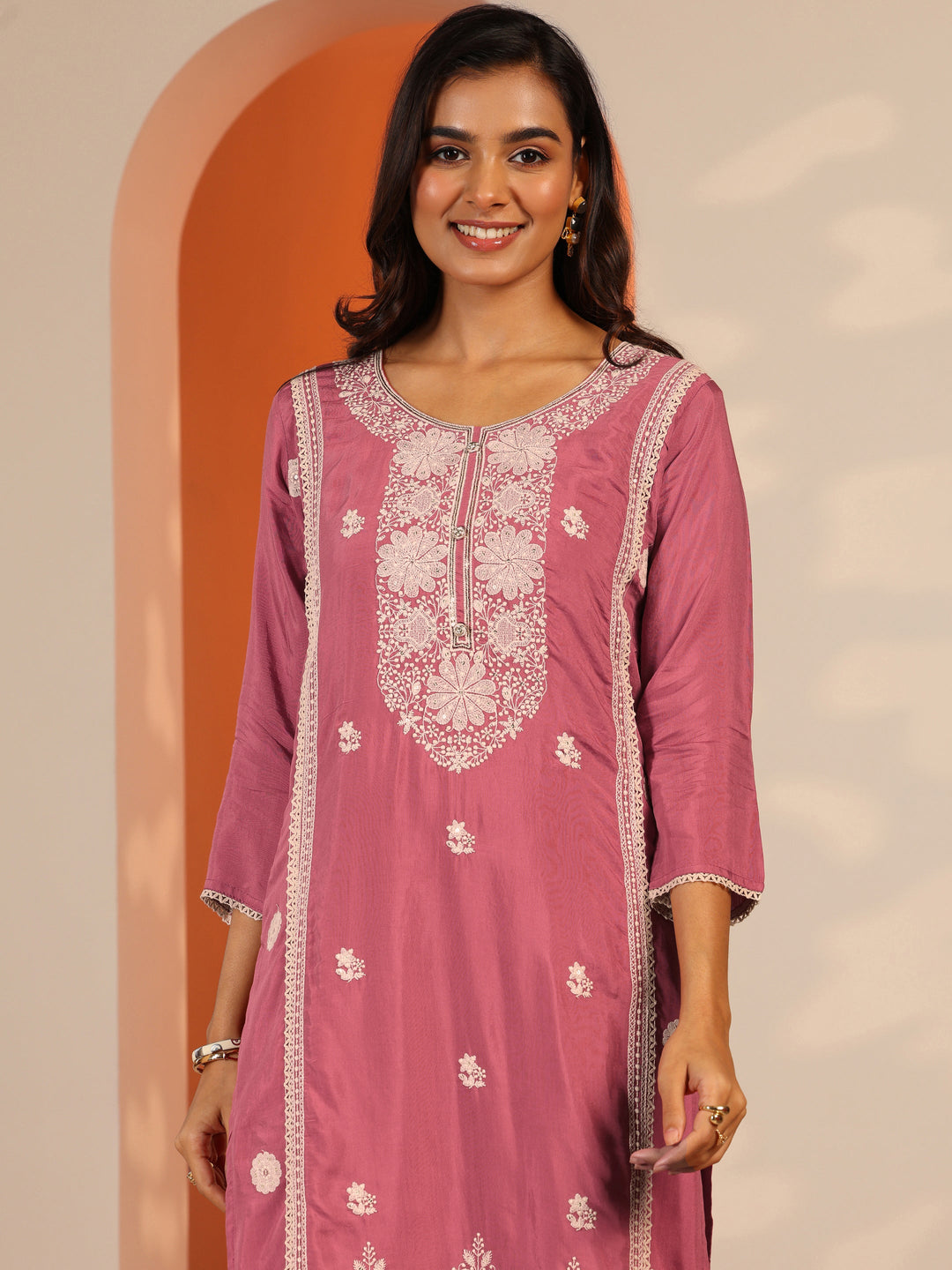  Pink Embroidered Silk Blend Straight Suit Set With Dupatta 