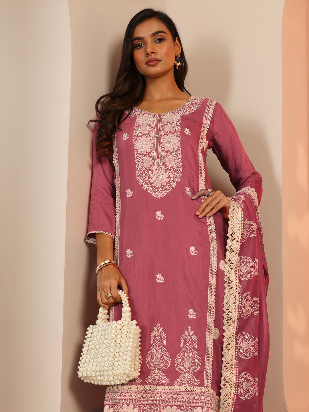  Pink Embroidered Silk Blend Straight Suit Set With Dupatta 