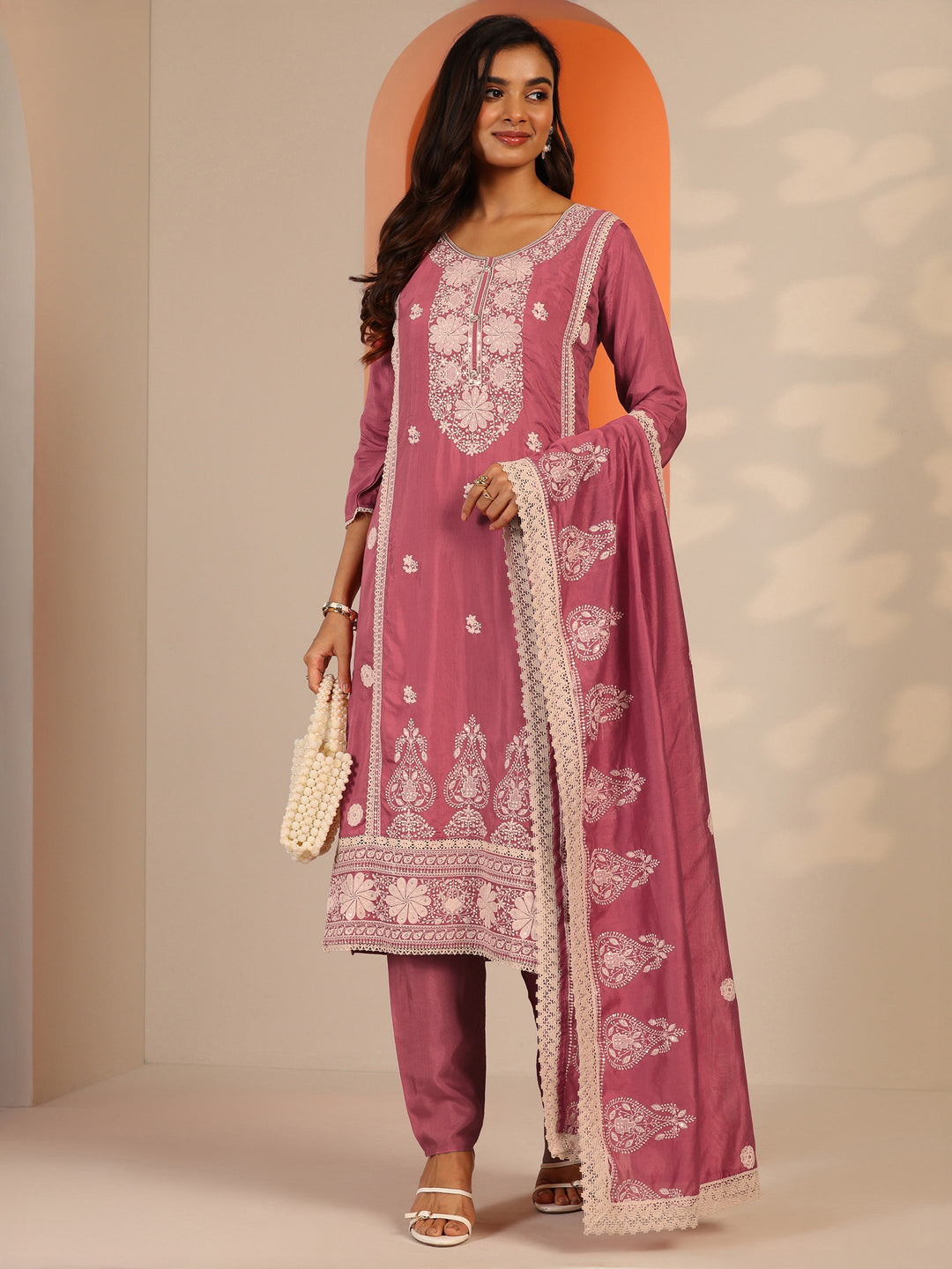  Pink Embroidered Silk Blend Straight Suit Set With Dupatta 