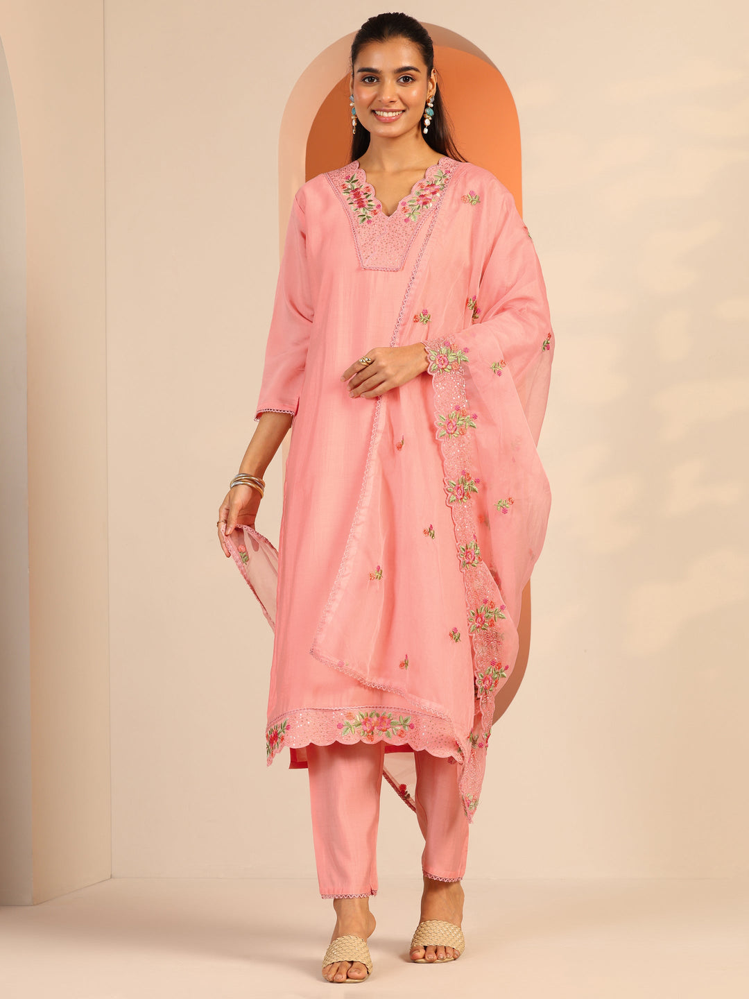  Peach Embroidered Silk Blend Straight Suit Set With Dupatta 