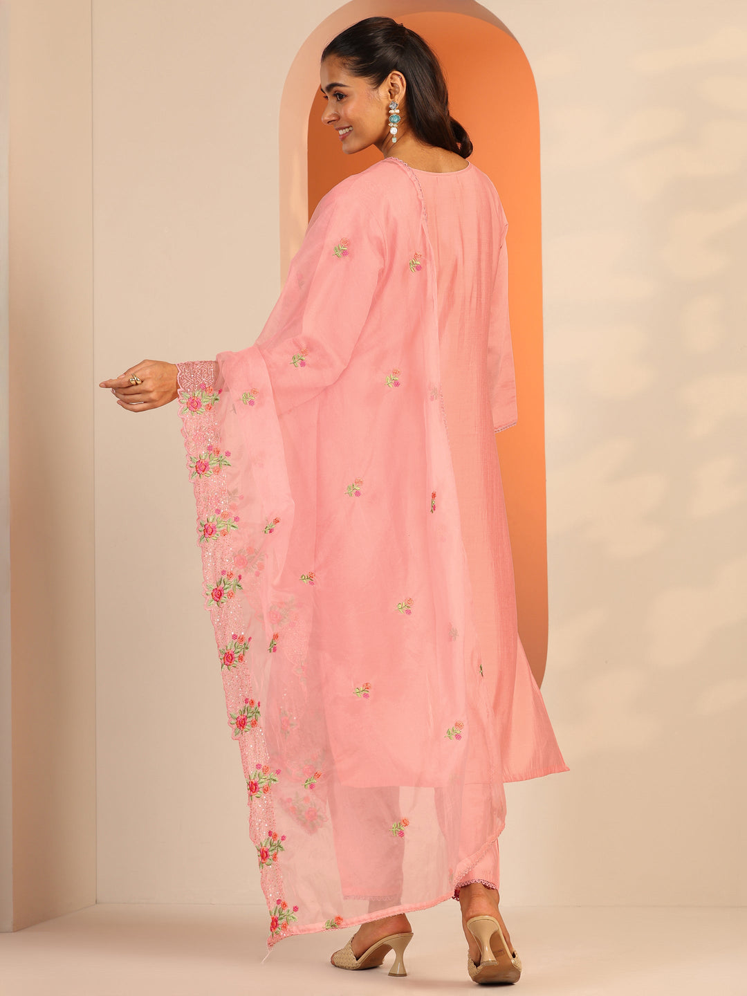  Peach Embroidered Silk Blend Straight Suit Set With Dupatta 