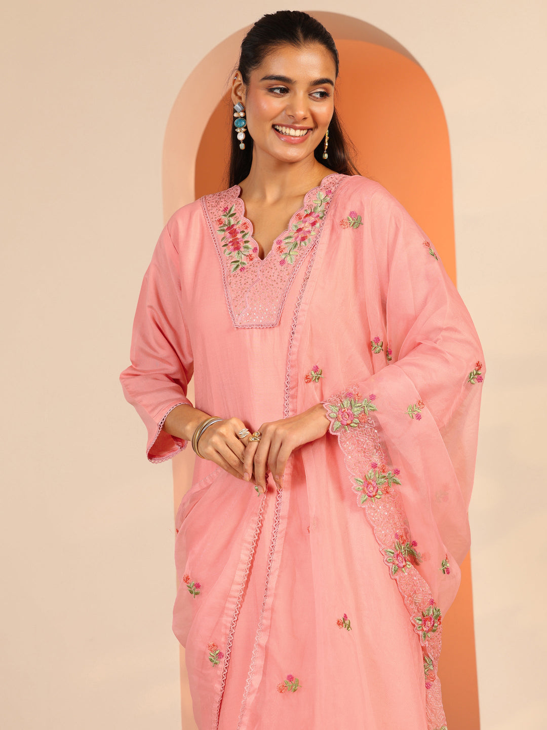  Peach Embroidered Silk Blend Straight Suit Set With Dupatta 