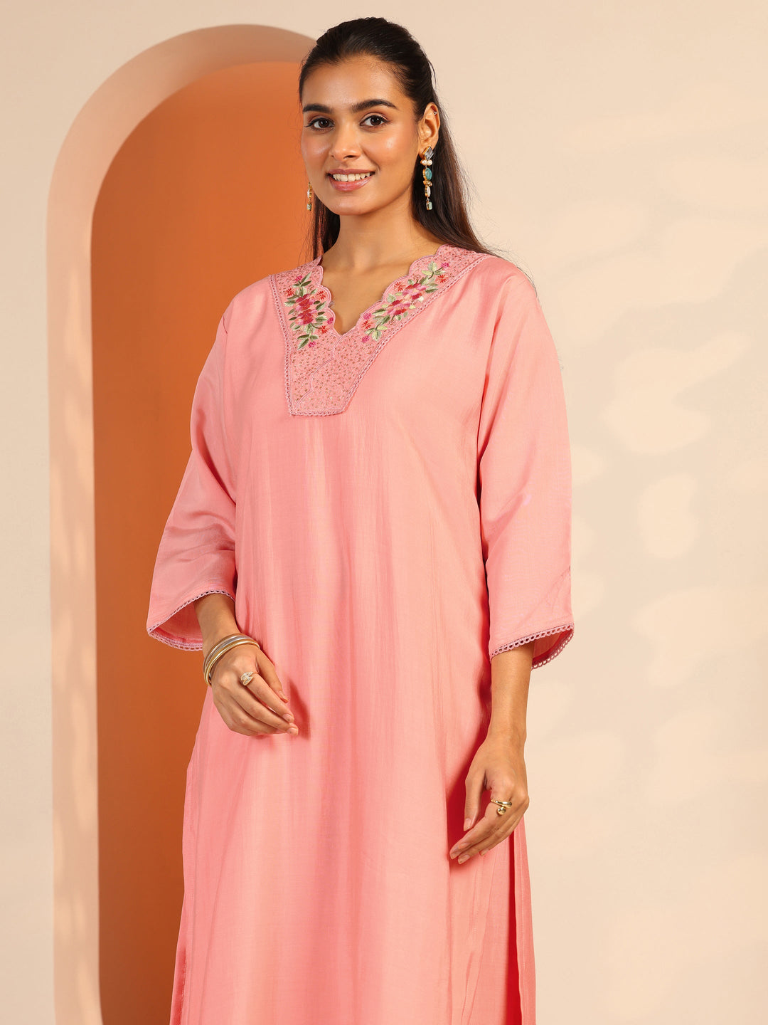 Peach Embroidered Silk Blend Straight Suit Set With Dupatta 