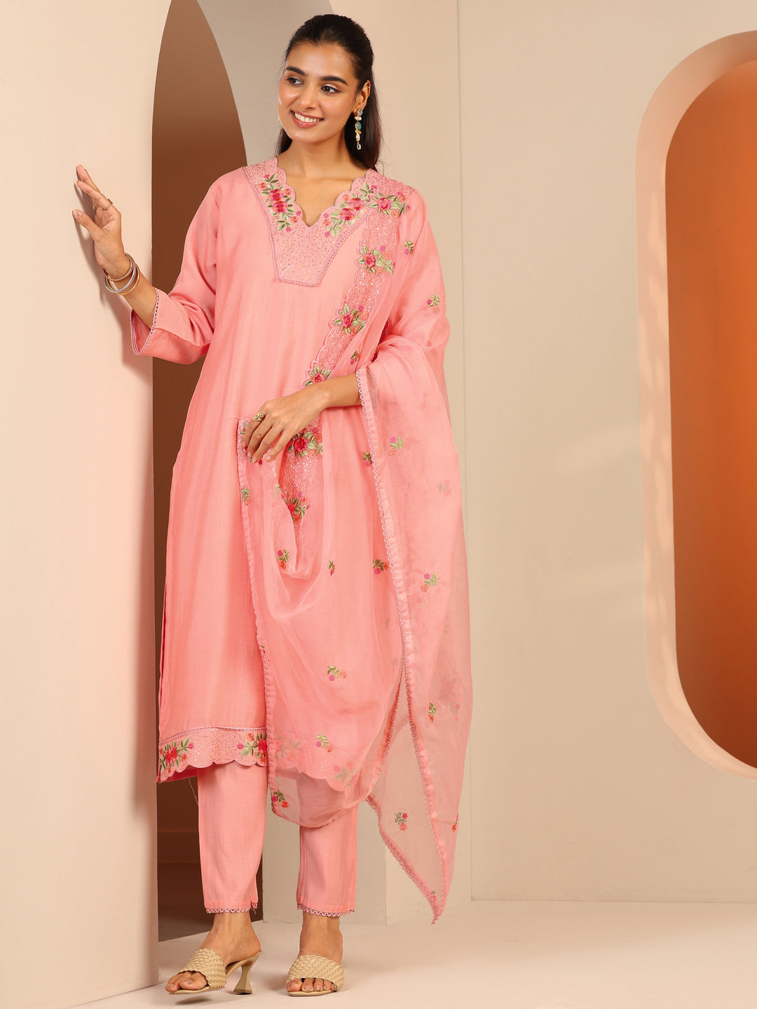 Peach Embroidered Silk Blend Straight Suit Set With Dupatta 