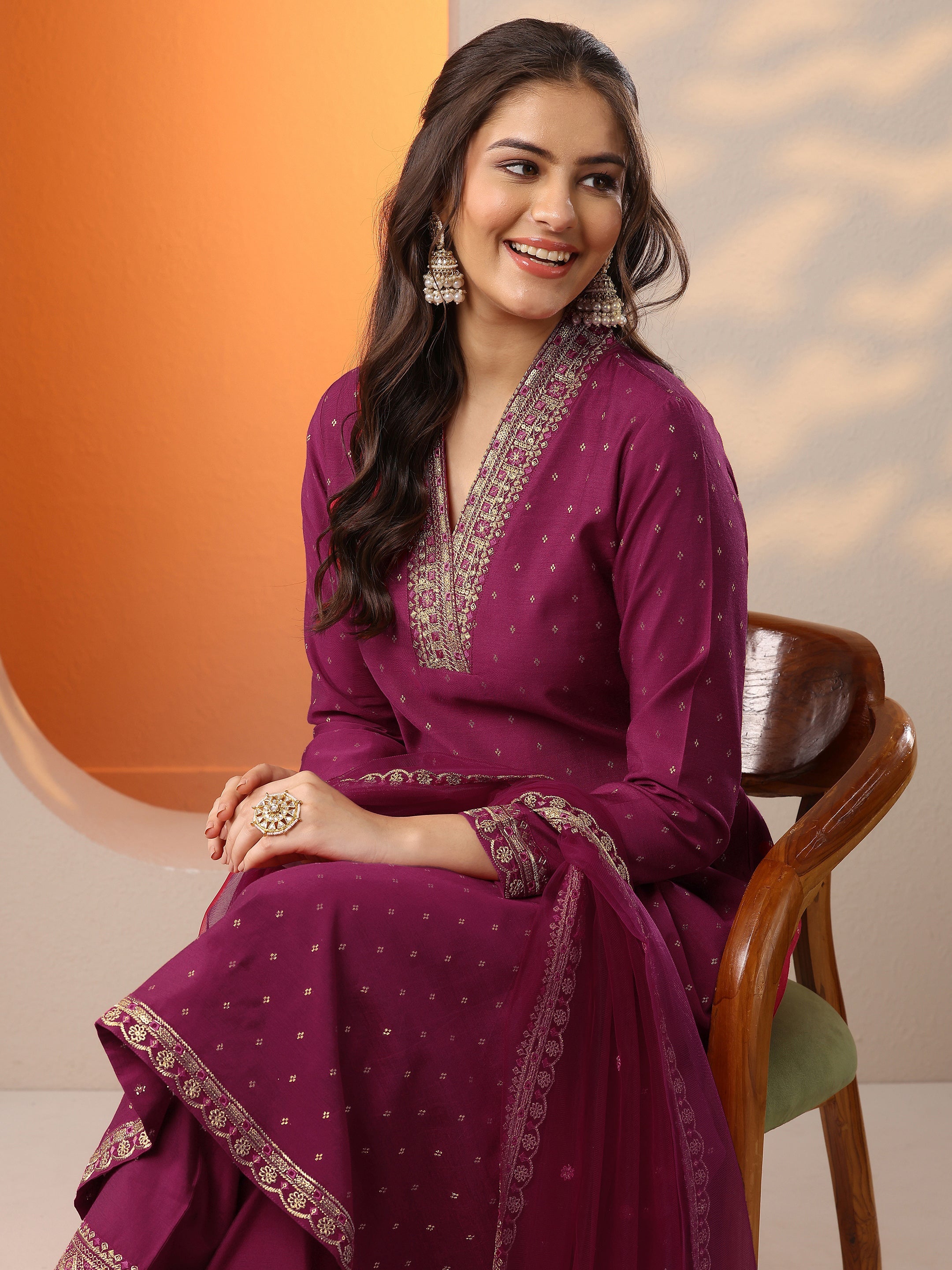 libas Magenta Woven Design Silk Blend A-Line Suit Set With Dupatta-picture-15