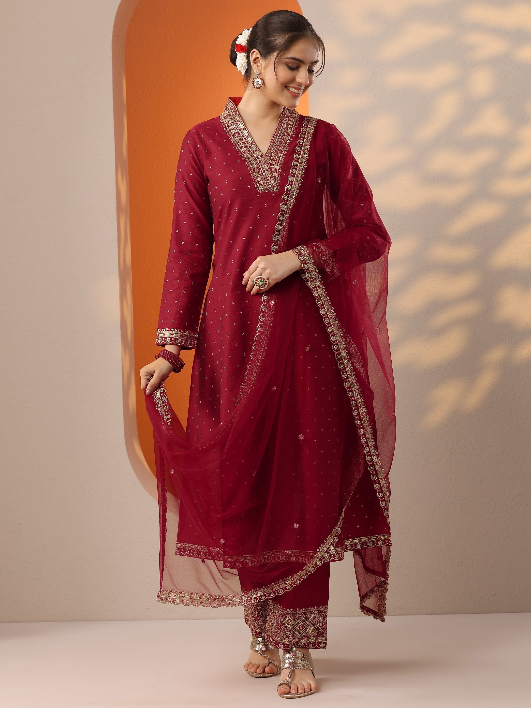 Red Woven Design Silk Blend A-Line Suit Set With Dupatta-image-42