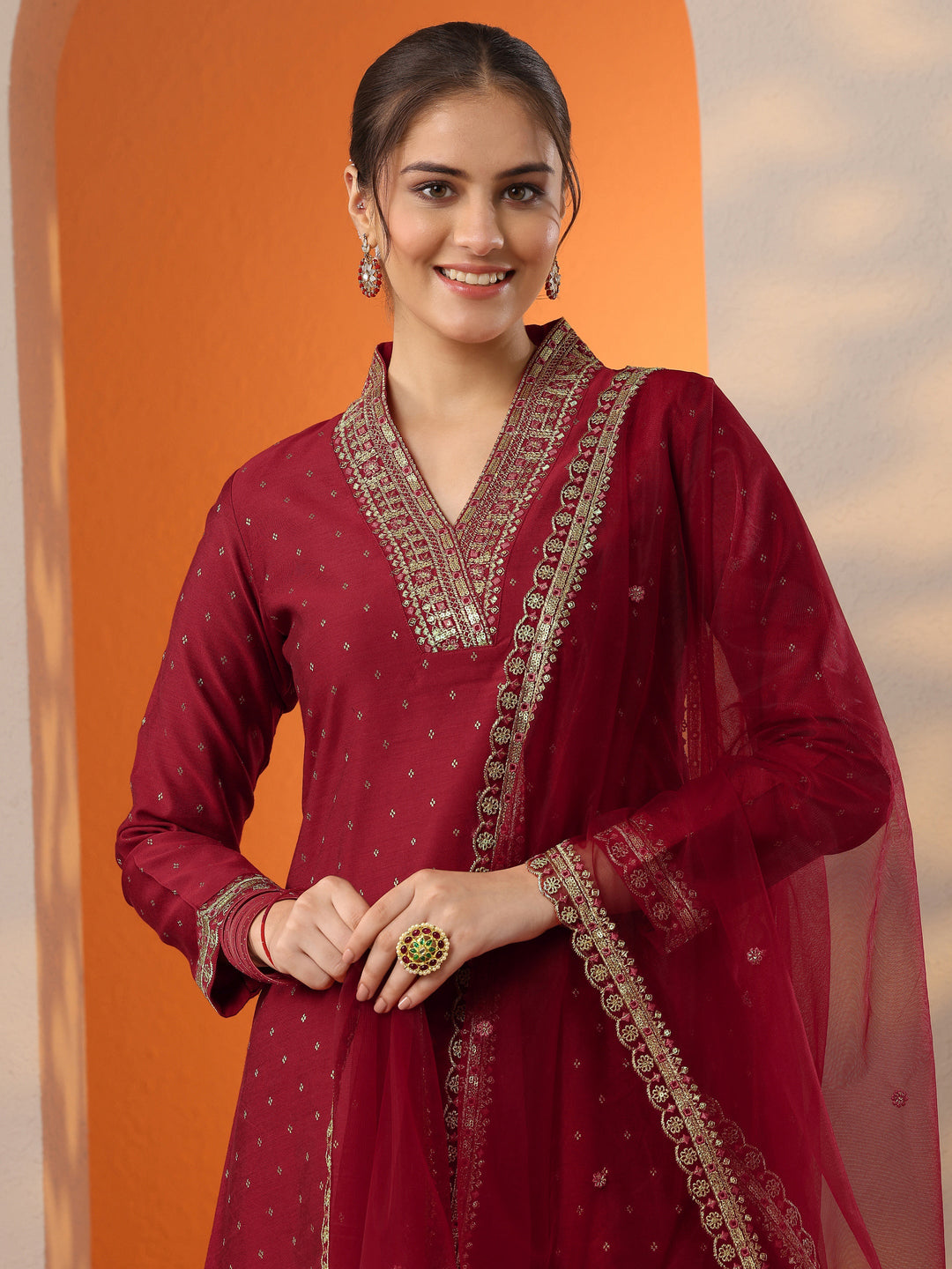  Red Woven Design Silk Blend A-Line Suit Set With Dupatta 