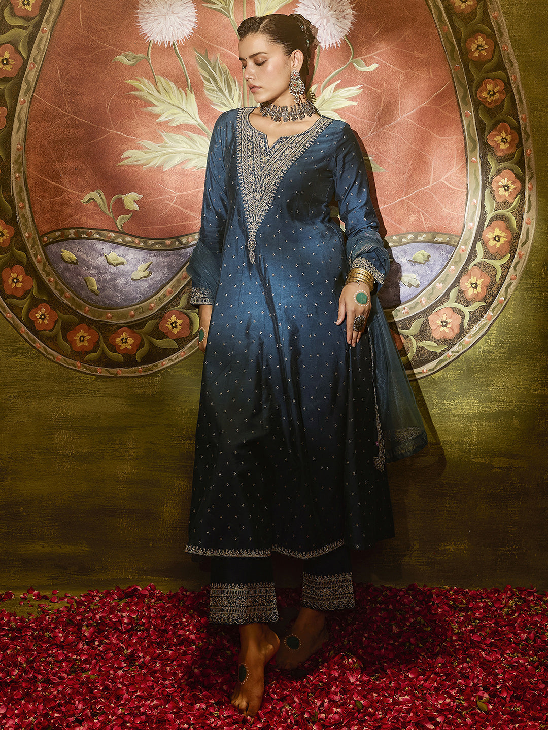 Navy Blue Woven Design Silk Blend A-Line Suit Set With Dupatta