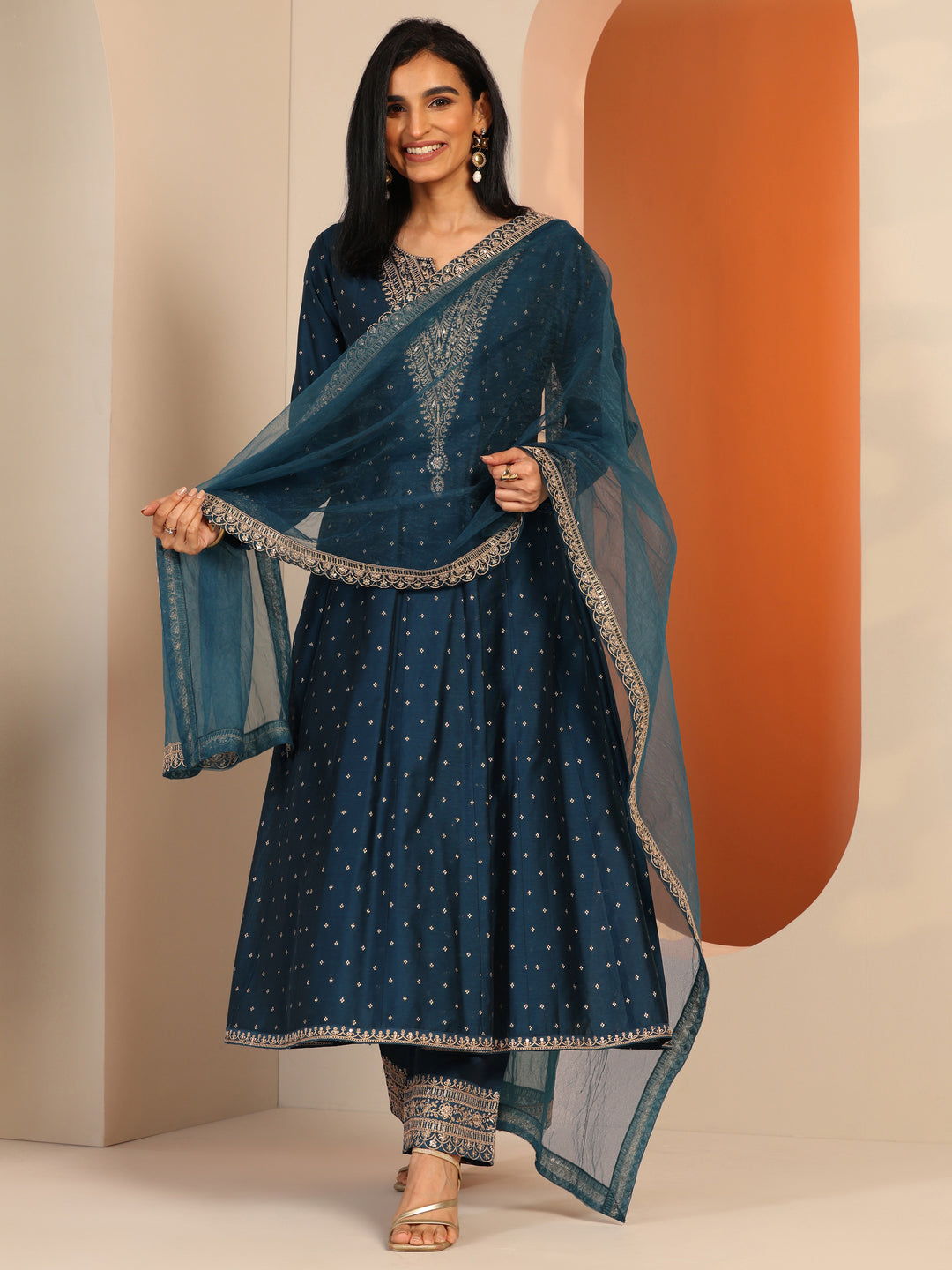 Navy Blue Woven Design Silk Blend A-Line Suit Set With Dupatta