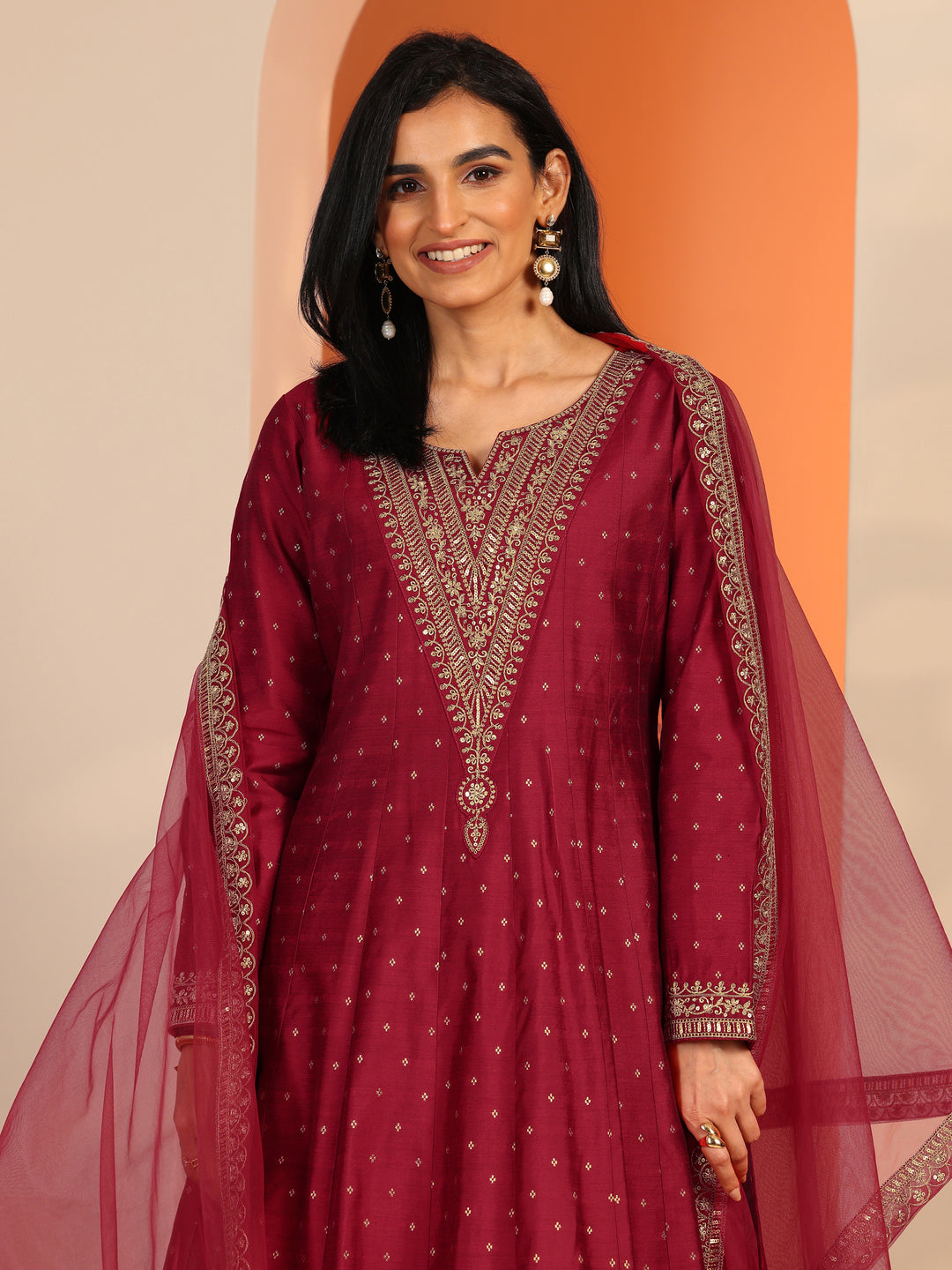  Red Woven Design Silk Blend A-Line Suit Set With Dupatta 