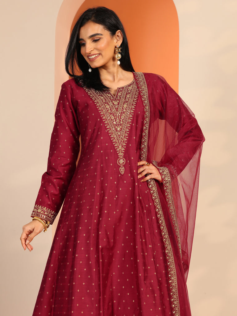 Libas Red Woven Design Silk Blend A-Line Suit Set With Dupatta