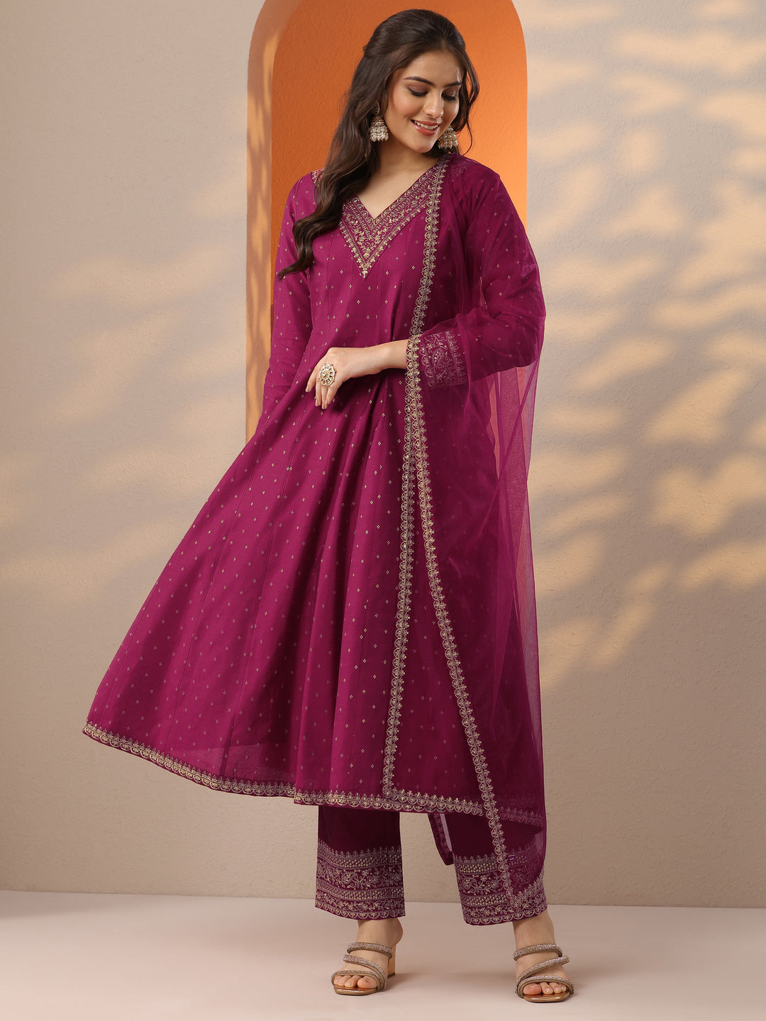  Magenta Woven Design Silk Blend Anarkali Suit Set With Dupatta 