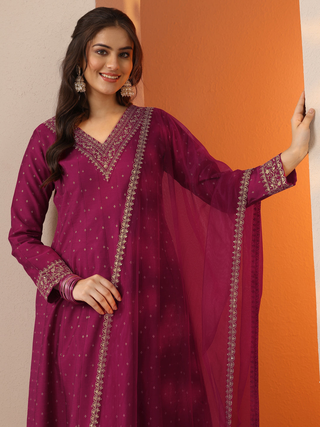  Magenta Woven Design Silk Blend Anarkali Suit Set With Dupatta 