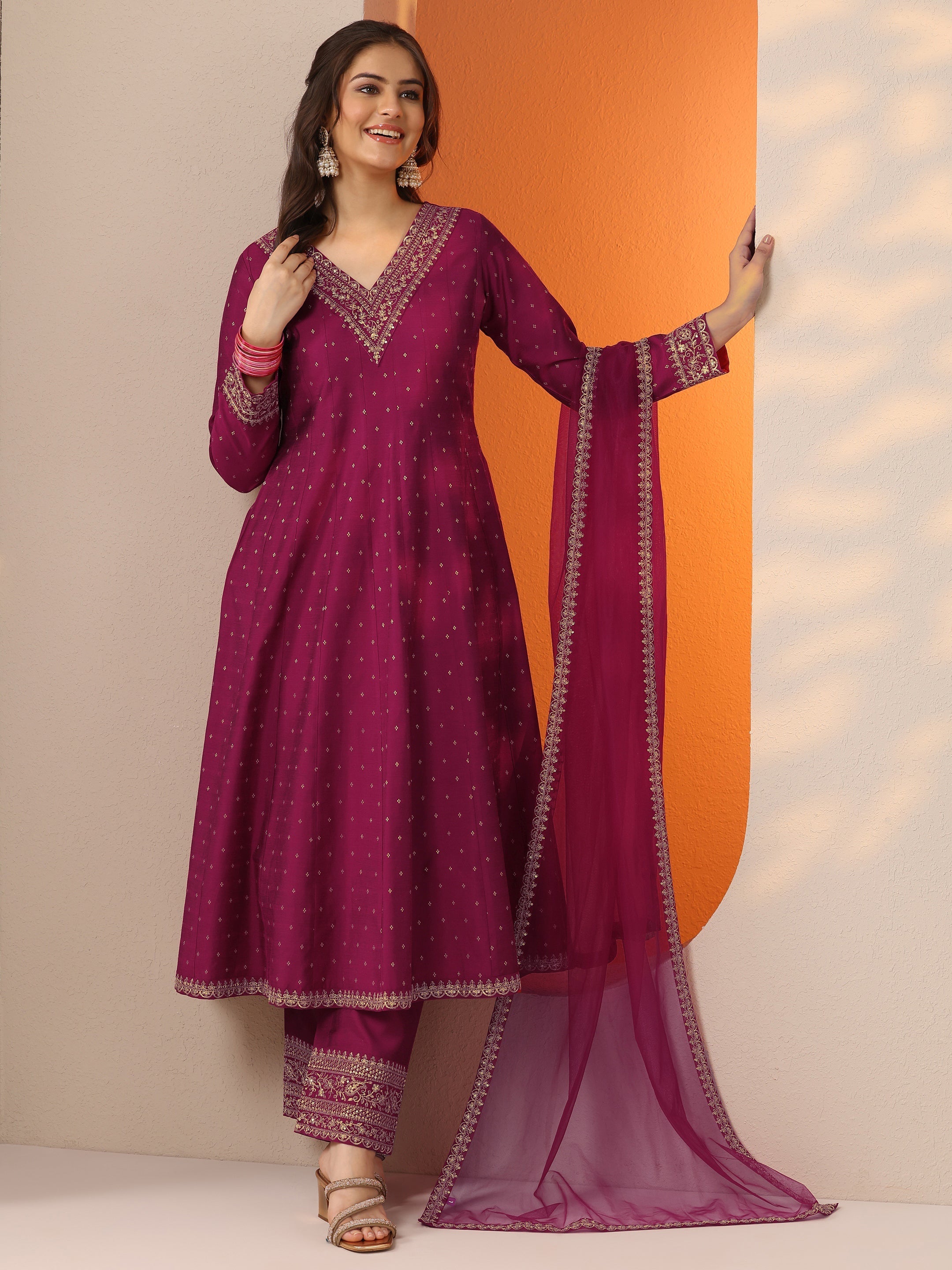 libas Magenta Woven Design Silk Blend Anarkali Suit Set With Dupatta-picture-25