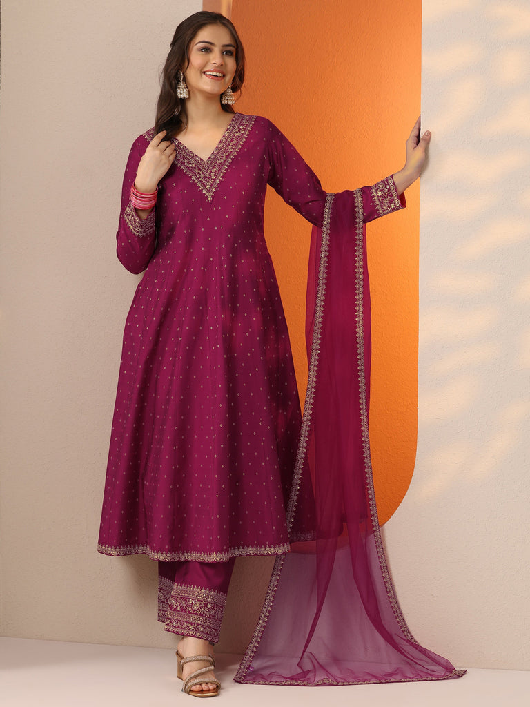 Libas Magenta Woven Design Silk Blend Anarkali Suit Set With Dupatta