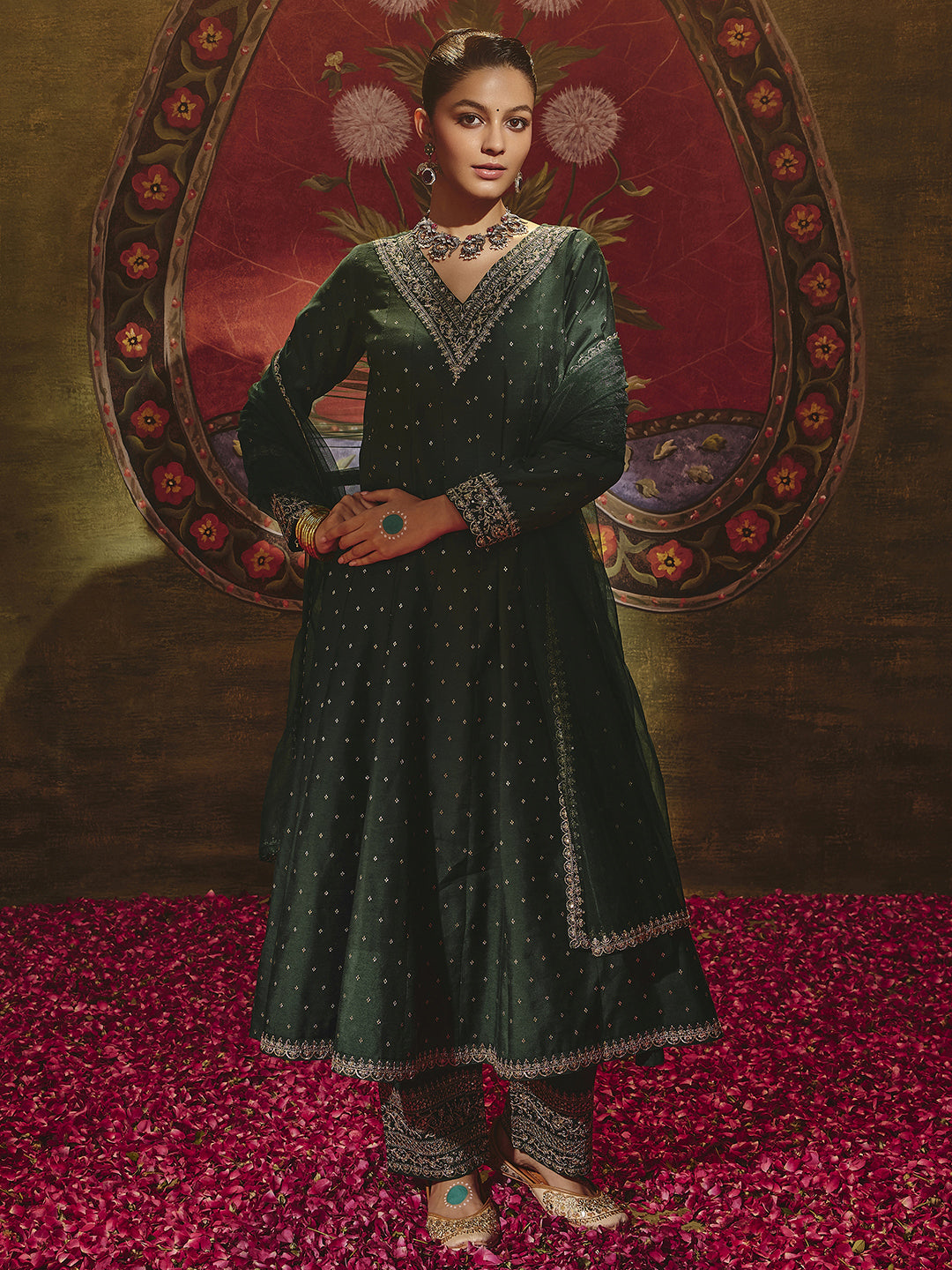 Green Woven Design Silk Blend Anarkali Suit Set With Dupatta