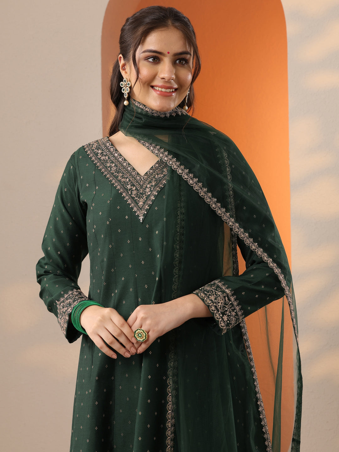 Green Woven Design Silk Blend Anarkali Suit Set With Dupatta