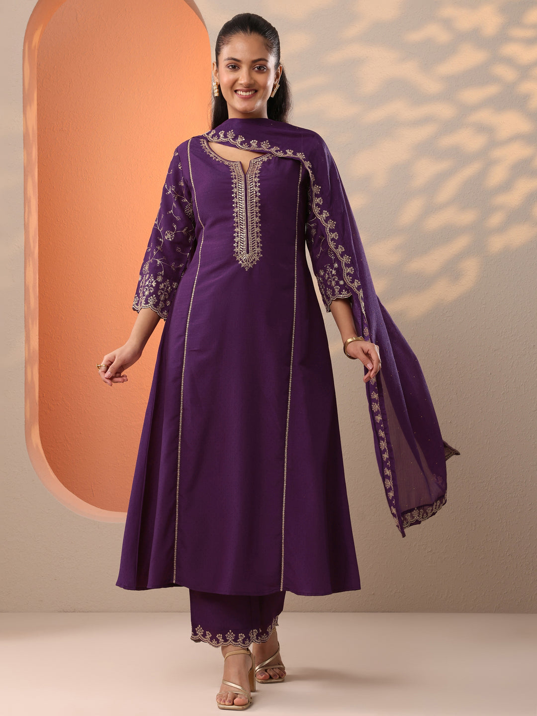  Burgundy Embroidered Silk Blend A-Line Suit Set With Dupatta 